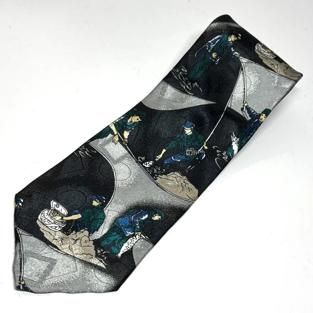 American Sports Fishing Tie Mens OS Black Silver Novelty Fisherman Outdoor Sport